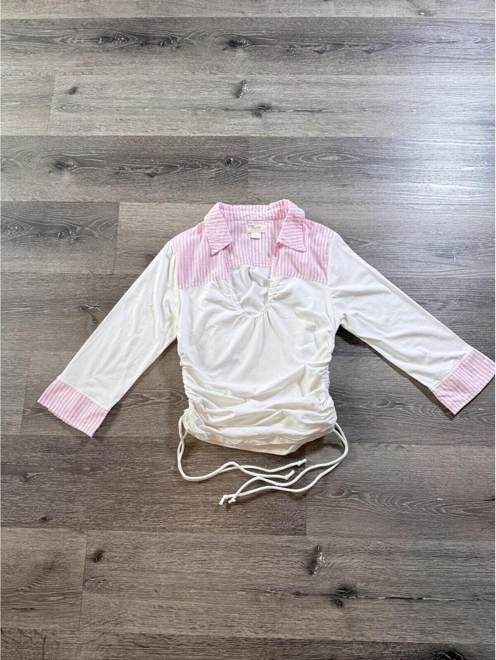 Maeve Anthropologie Collared Scoop-Neck Cropped Blouse Top Ruched Pink Medium